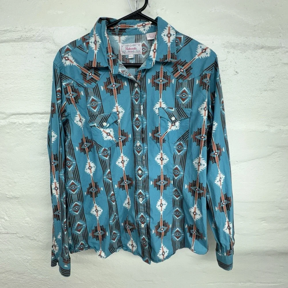 Panhandle Turquoise Shirt Womens Size Lg Blue Turquoise Aztec Pearl Snap Western - Picture 1 of 6